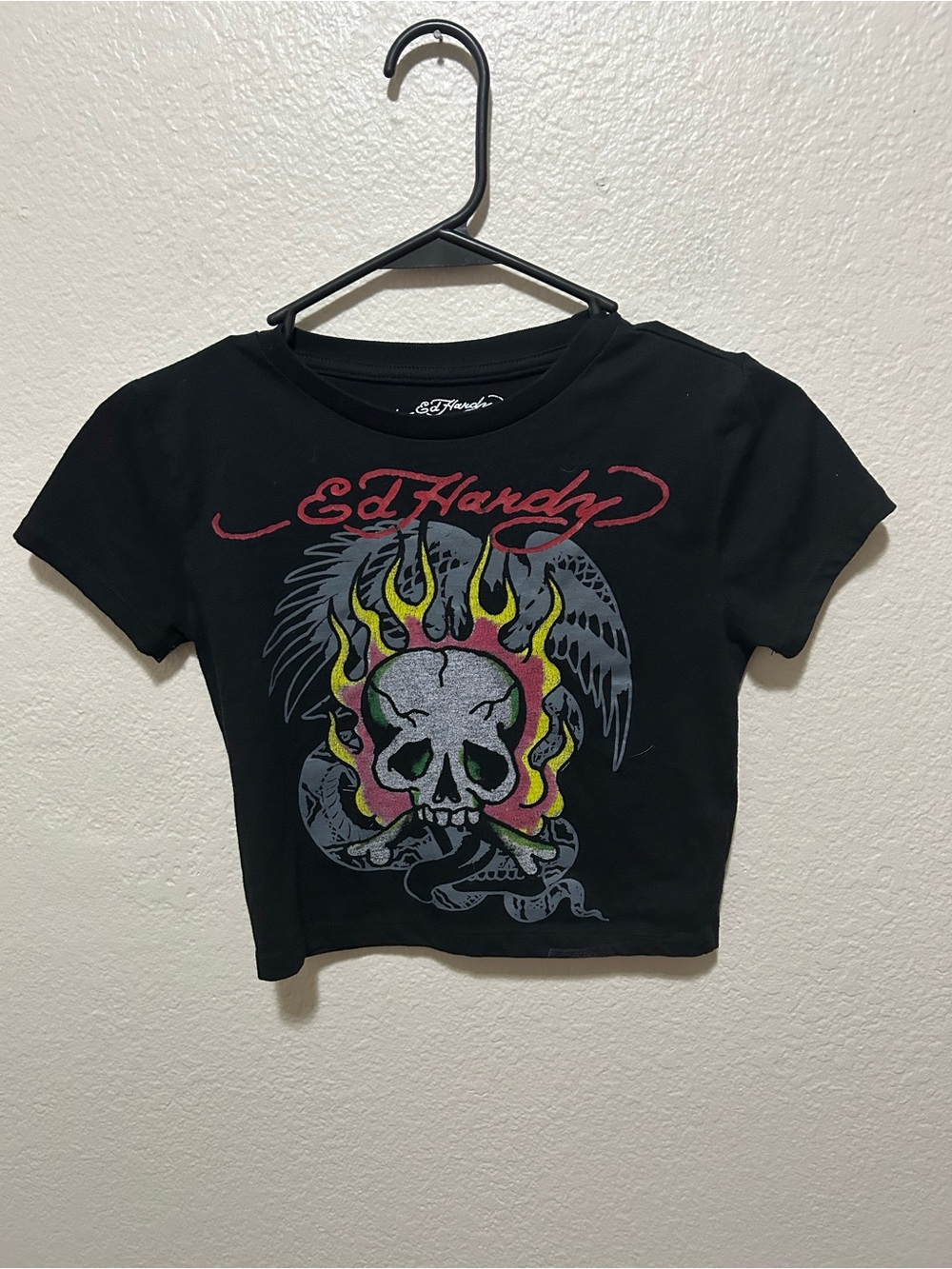 Ed Hardy Y2K Skull Flame Snake Wing Graphic Baby Tee Black Size Small